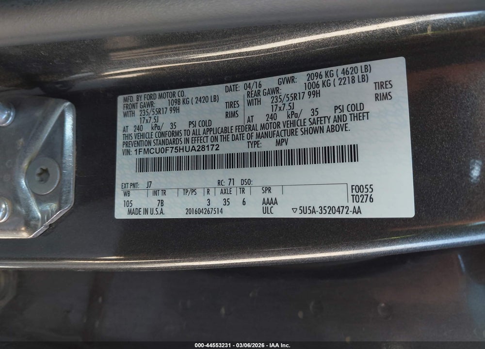 2017 FORD ESCAPE S VIN: 1FMCU0F75HUA28172