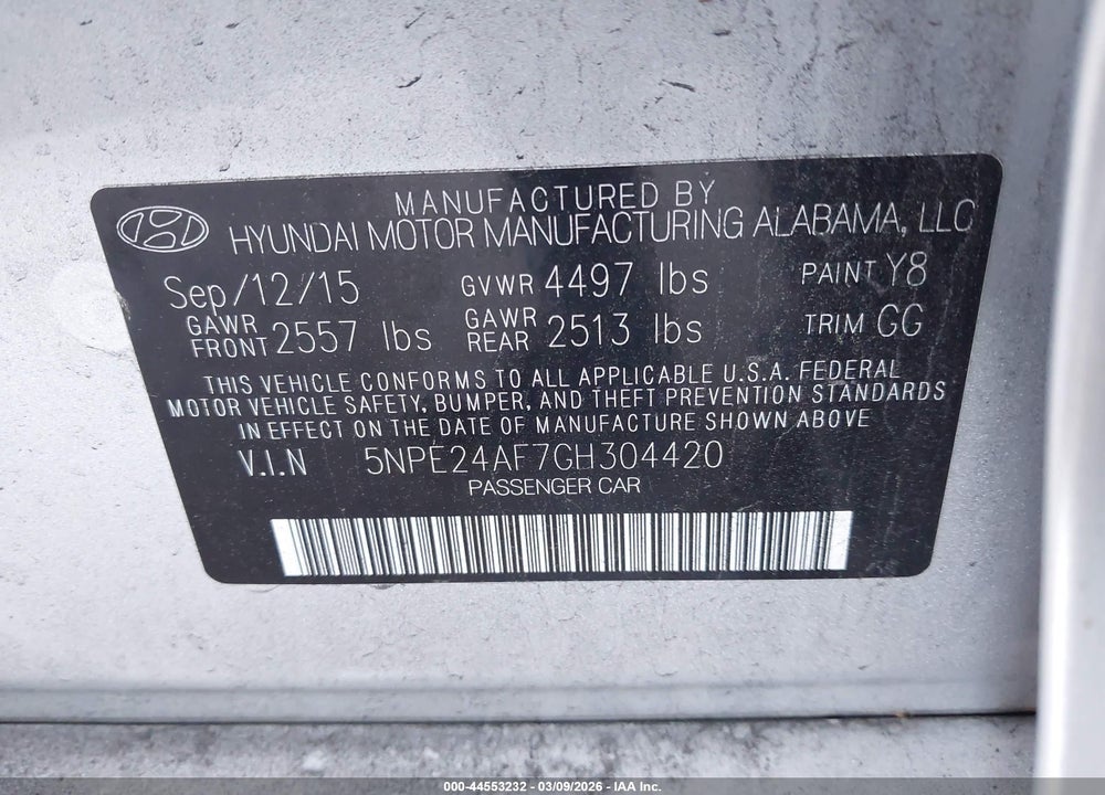 2016 HYUNDAI SONATA SE VIN: 5NPE24AF7GH304420