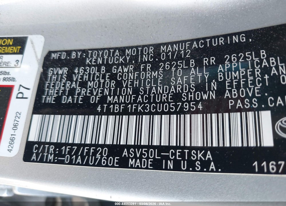 2012 TOYOTA CAMRY SE VIN: 4T1BF1FK3CU057954