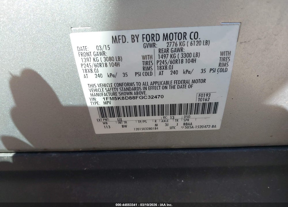2015 FORD EXPLORER XLT VIN: 1FM5K8D88FGC32470