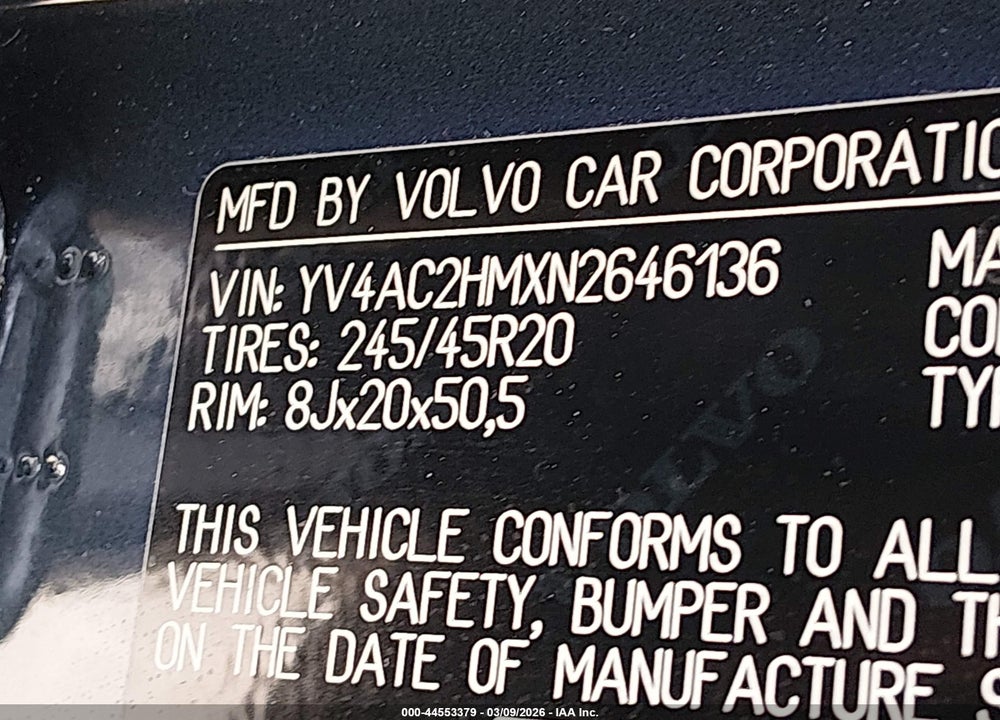 2022 VOLVO XC40 T4 R-DESIGN VIN: YV4AC2HMXN2646136