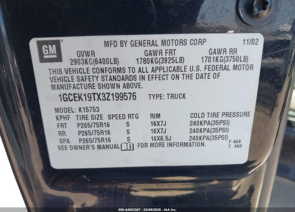 2003 CHEVROLET SILVERADO 1500 LS VIN: 1GCEK19TX3Z199576