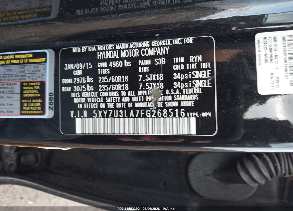 2015 HYUNDAI SANTA FE SPORT 2.0L TURBO VIN: 5XYZU3LA7FG268516