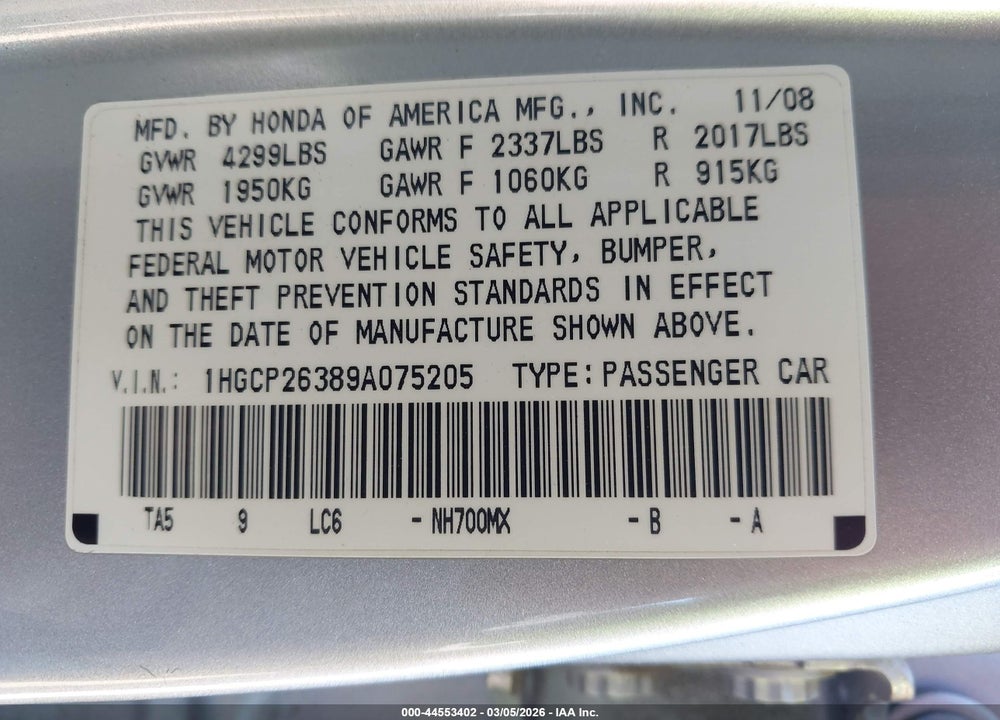 2009 HONDA ACCORD 2.4 LX VIN: 1HGCP26389A075205