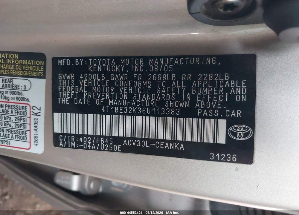 2006 TOYOTA CAMRY LE VIN: 4T1BE32K36U113383