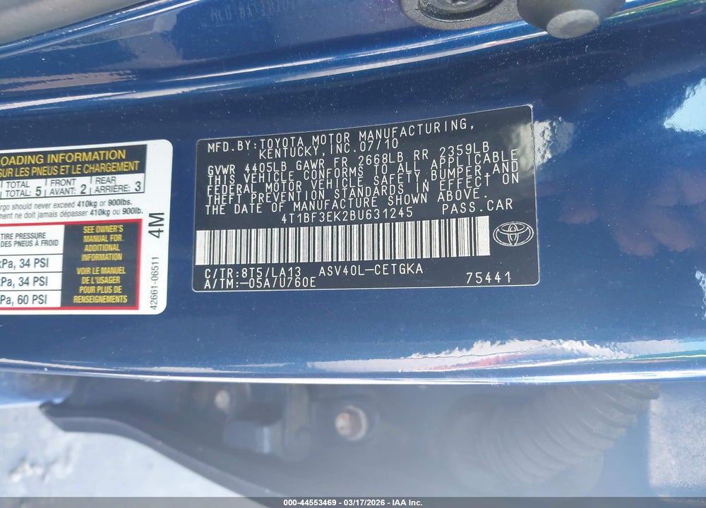 2011 TOYOTA CAMRY XLE VIN: 4T1BF3EK2BU631245