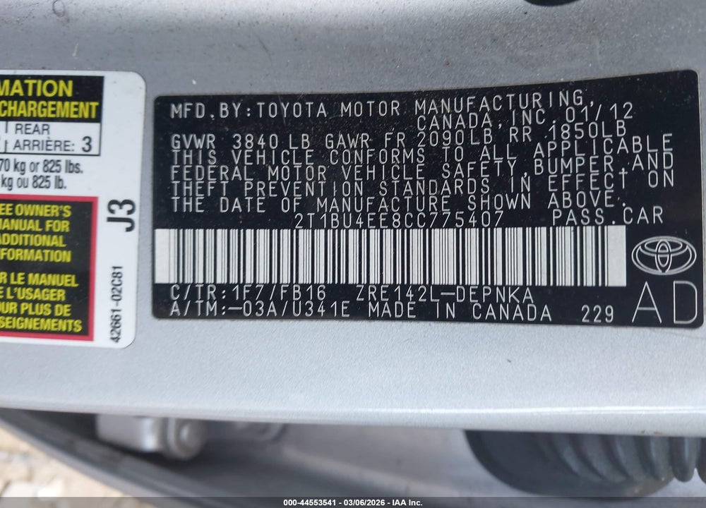 2012 TOYOTA COROLLA LE VIN: 2T1BU4EE8CC775407