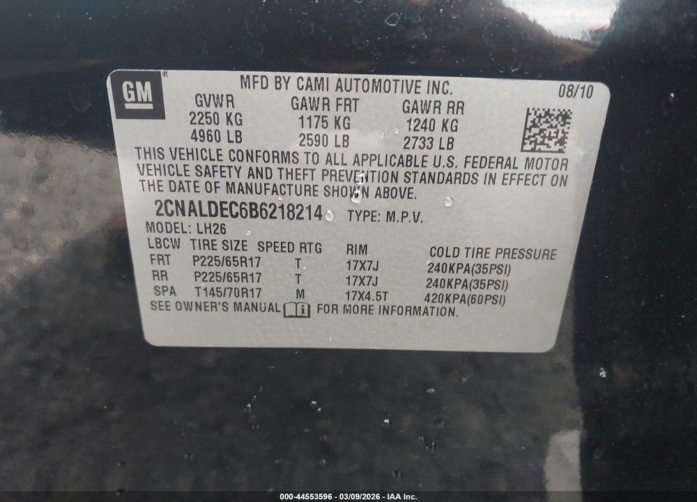2011 CHEVROLET EQUINOX 1LT VIN: 2CNALDEC6B6218214
