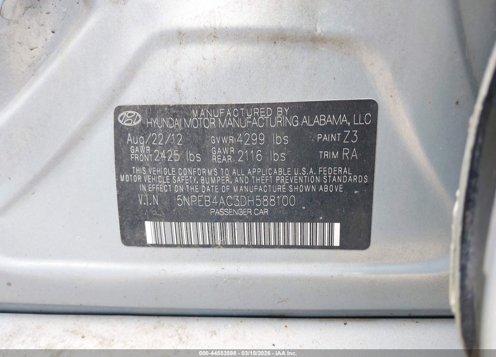 2013 HYUNDAI SONATA GLS VIN: 5NPEB4AC3DH588100