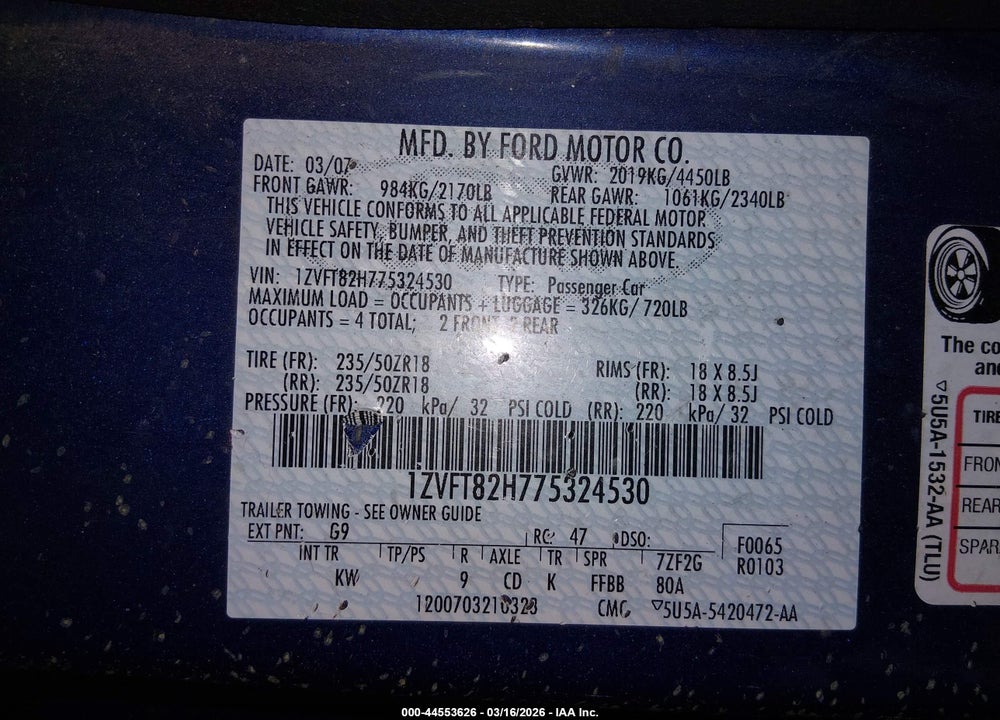 2007 FORD MUSTANG GT DELUXE/GT PREMIUM VIN: 1ZVFT82H775324530