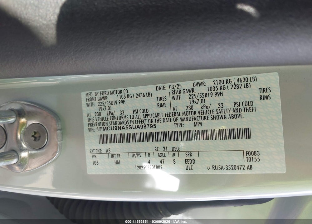 2025 FORD ESCAPE ST-LINE SELECT VIN: 1FMCU9NA5SUA98795