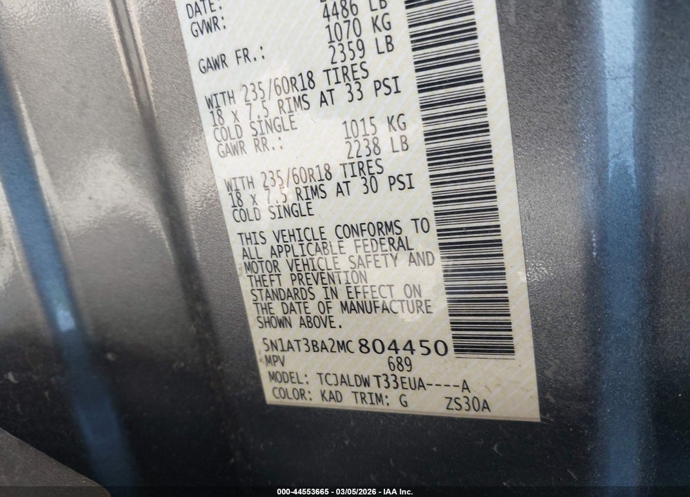 2021 NISSAN ROGUE SV FWD VIN: 5N1AT3BA2MC804450