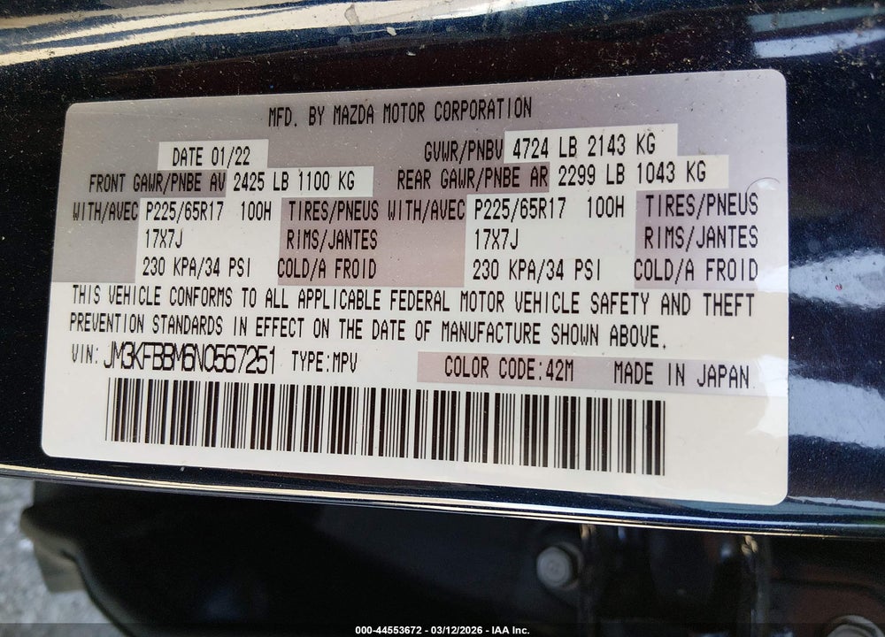 2022 MAZDA CX-5 2.5 S SELECT VIN: JM3KFBBM6N0567251