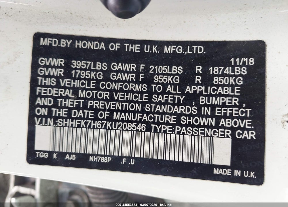 2019 HONDA CIVIC EX VIN: SHHFK7H67KU208546