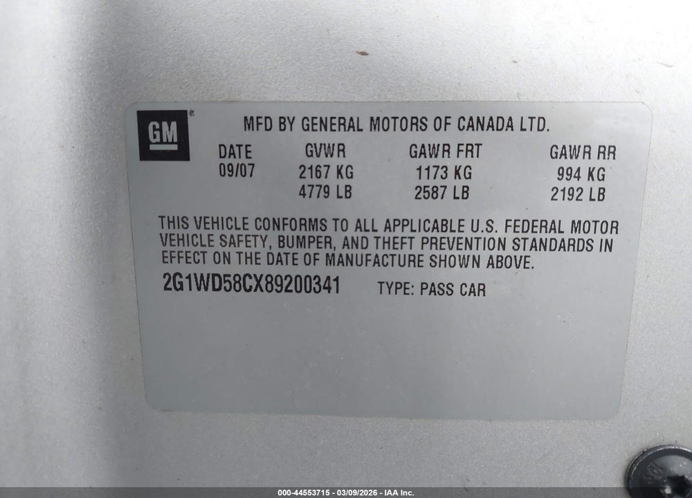 2008 CHEVROLET IMPALA SS VIN: 2G1WD58CX89200341