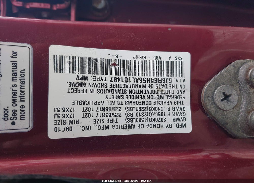 2010 HONDA CR-V EX VIN: 5J6RE4H56AL101487