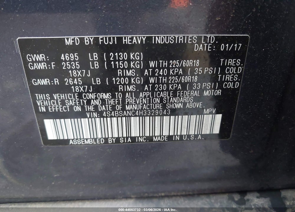 2017 SUBARU OUTBACK 2.5I LIMITED VIN: 4S4BSANC4H3329043