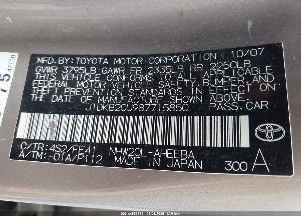 2008 TOYOTA PRIUS VIN: JTDKB20U987715850
