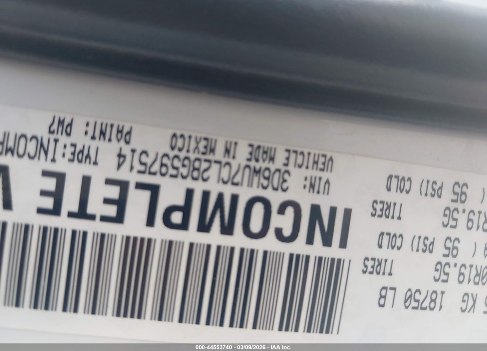 2011 RAM 5500 HD CHASSIS ST/SLT/LAIE VIN: 3D6WU7CL2BG597514