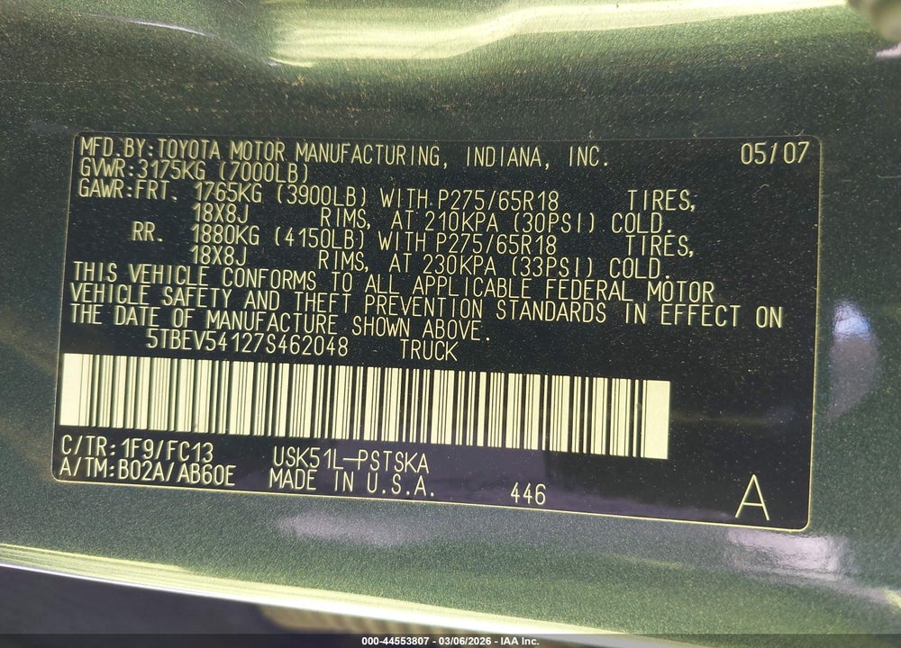 2007 TOYOTA TUNDRA SR5 5.7L V8 VIN: 5TBEV54127S462048