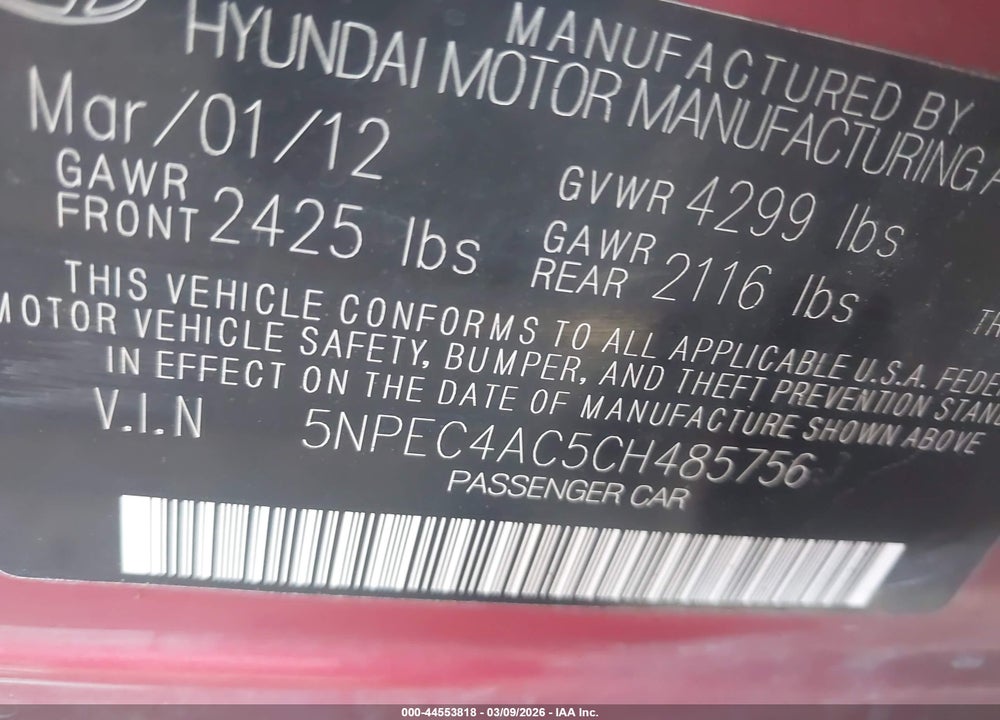 2012 HYUNDAI SONATA SE VIN: 5NPEC4AC5CH485756