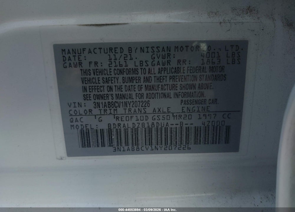 2022 NISSAN SENTRA SV XTRONIC CVT VIN: 3N1AB8CV1NY207226
