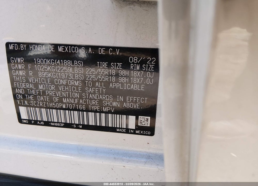 2023 HONDA HR-V 2WD SPORT VIN: 3CZRZ1H50PM707166