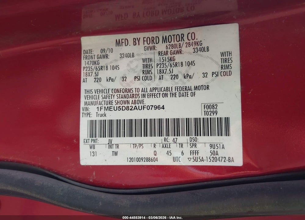 2010 FORD EXPLORER SPORT TRAC LIMITED VIN: 1FMEU5D82AUF07964