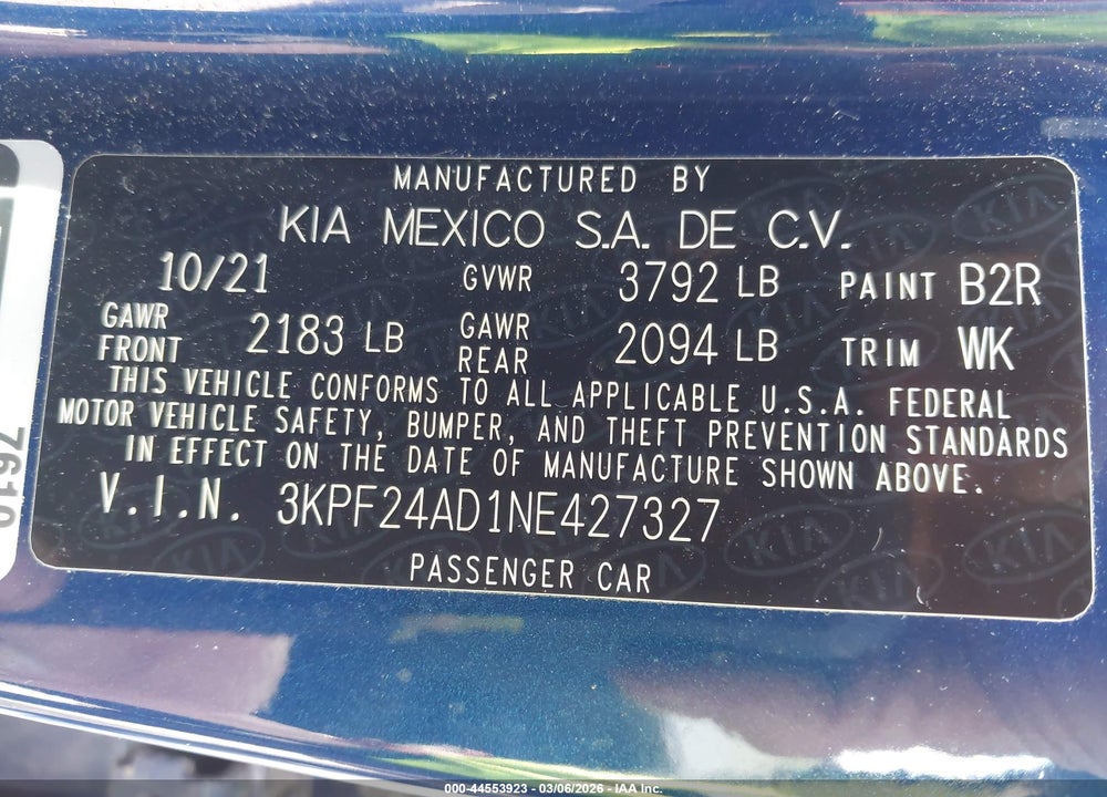 2022 KIA FORTE LXS VIN: 3KPF24AD1NE427327