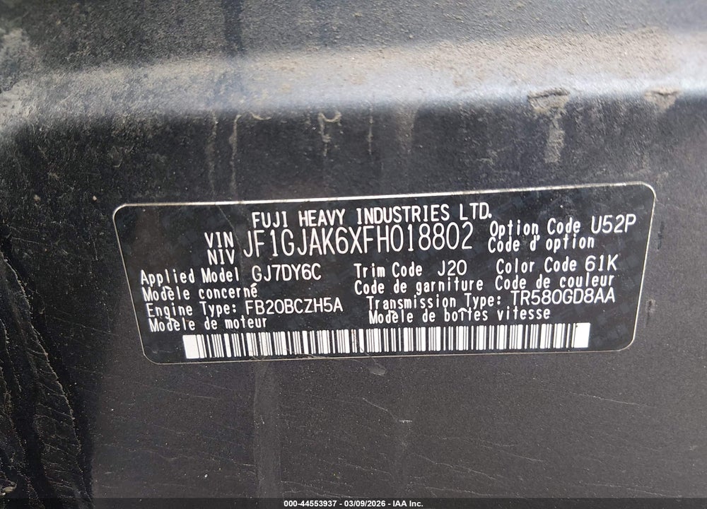 2015 SUBARU IMPREZA 2.0I PREMIUM VIN: JF1GJAK6XFH018802