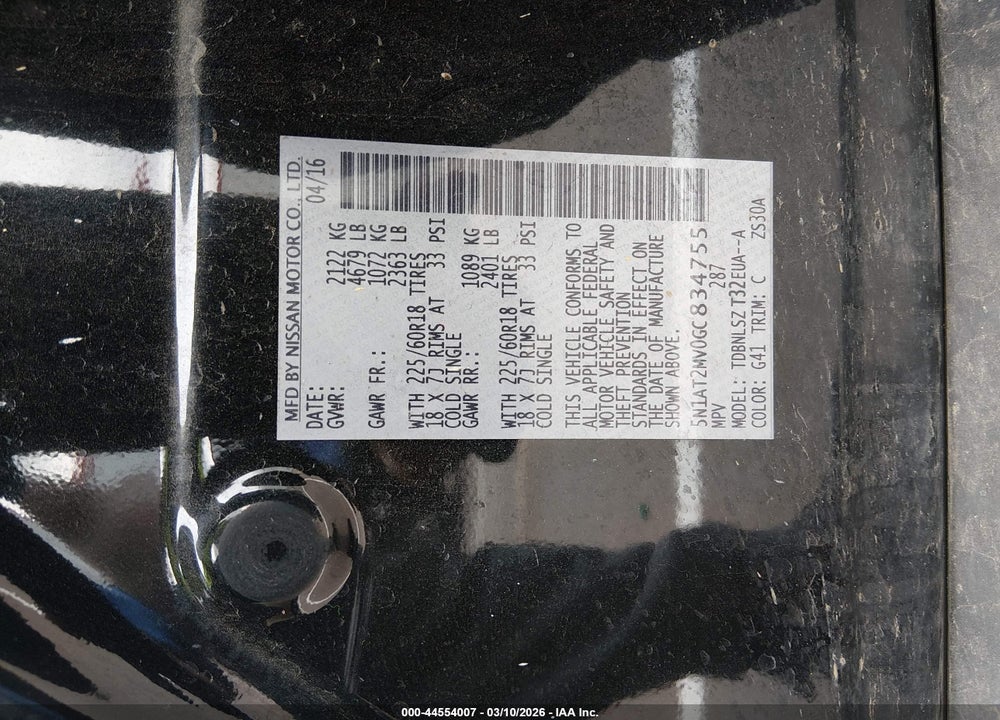 2016 NISSAN ROGUE SL VIN: 5N1AT2MV0GC834755