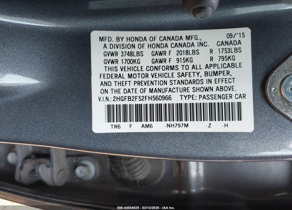 2015 HONDA CIVIC LX VIN: 2HGFB2F52FH560966