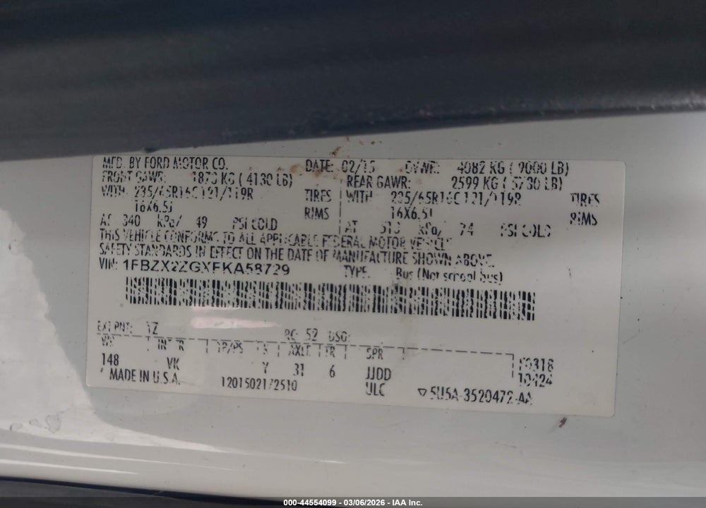 2015 FORD TRANSIT-350 XL VIN: 1FBZX2ZGXFKA58729