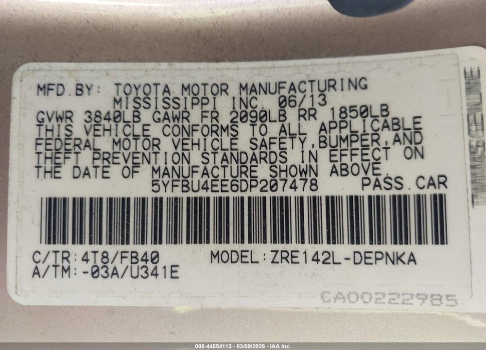 2013 TOYOTA COROLLA LE VIN: 5YFBU4EE6DP207478