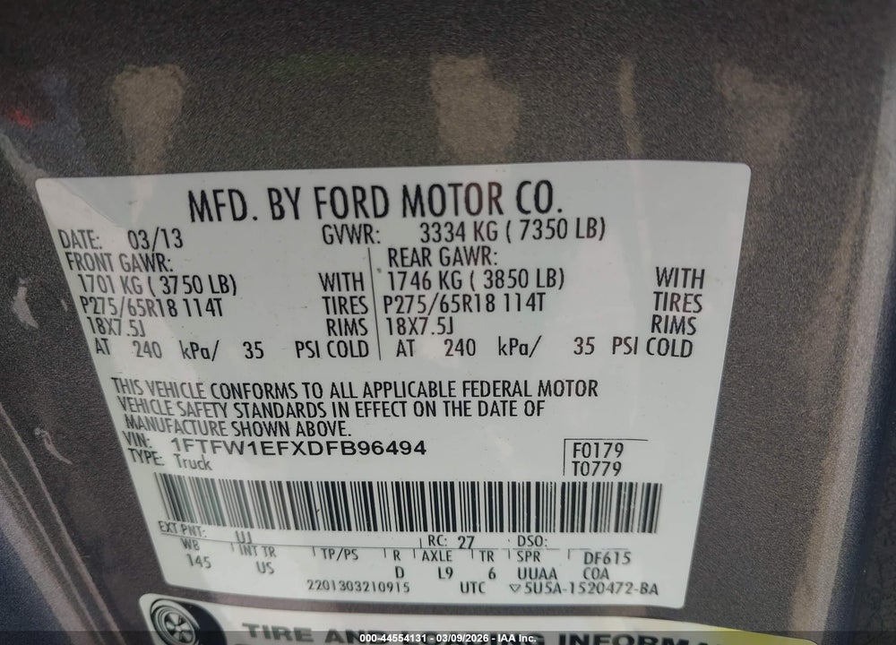 2013 FORD F-150 XLT VIN: 1FTFW1EFXDFB96494