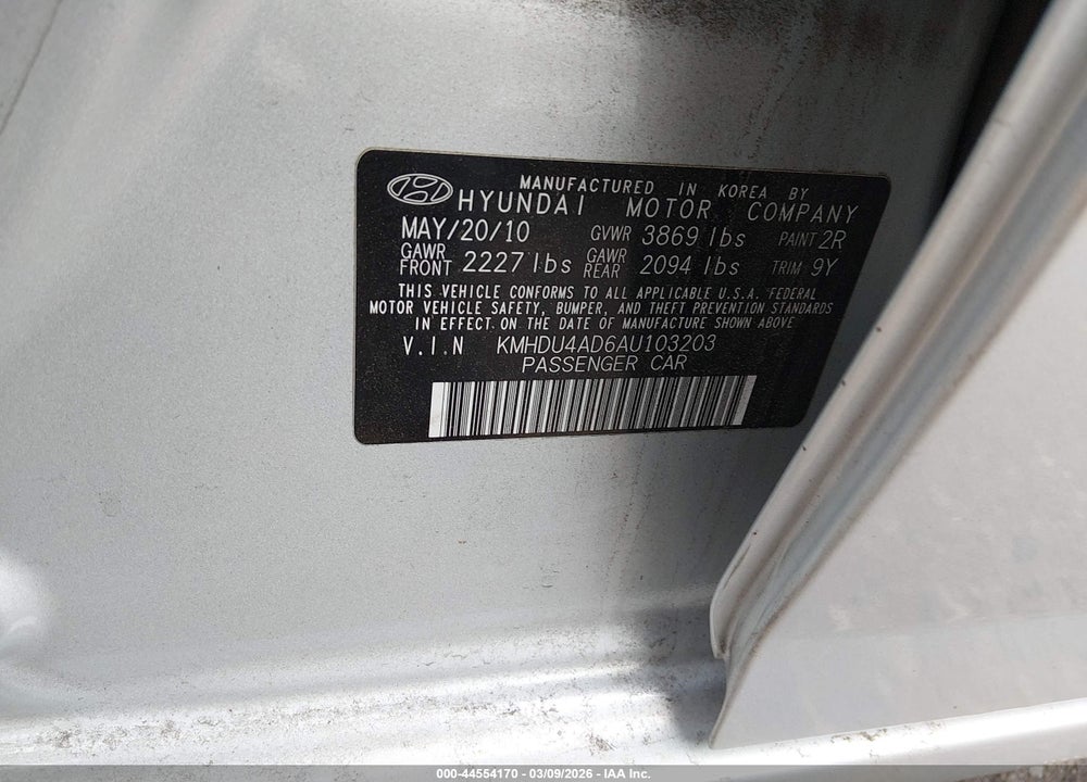 2010 HYUNDAI ELANTRA GLS VIN: KMHDU4AD6AU103203
