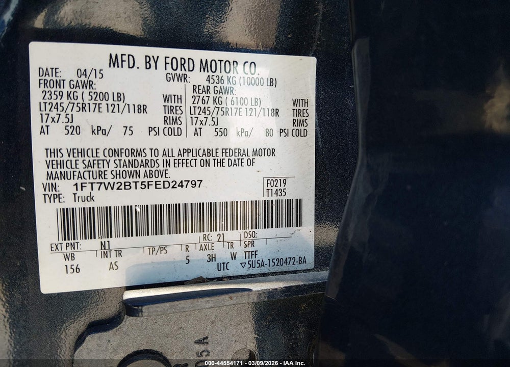 2015 FORD F-250 XL VIN: 1FT7W2BT5FED24797