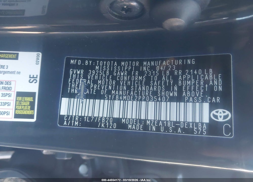 2023 TOYOTA COROLLA LE VIN: 5YFB4MDE2PP035407