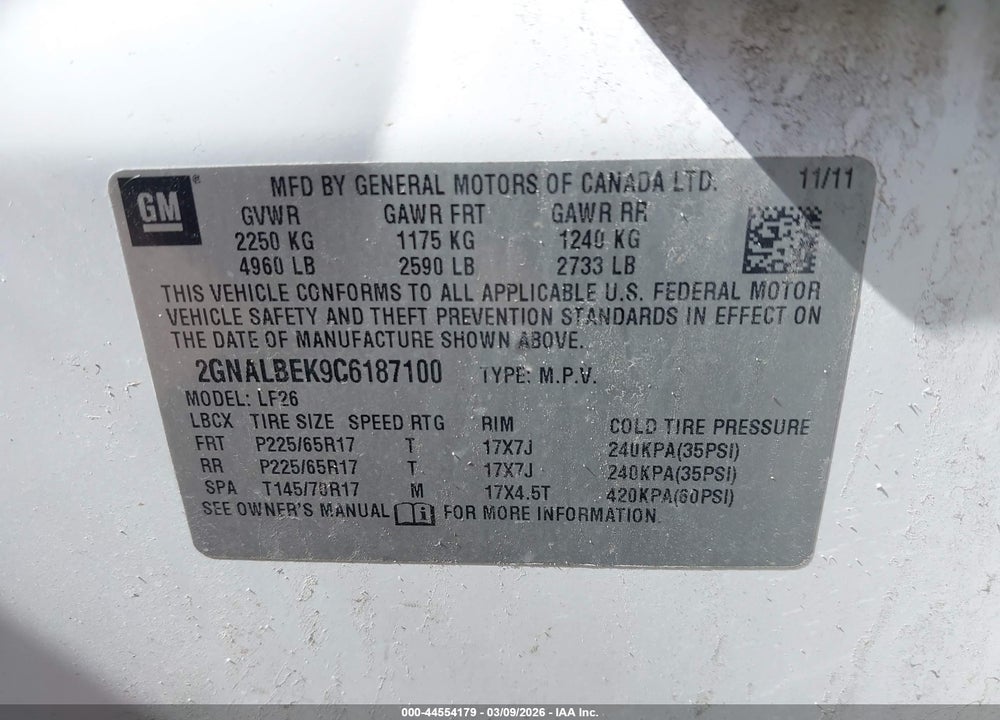 2012 CHEVROLET EQUINOX LS VIN: 2GNALBEK9C6187100