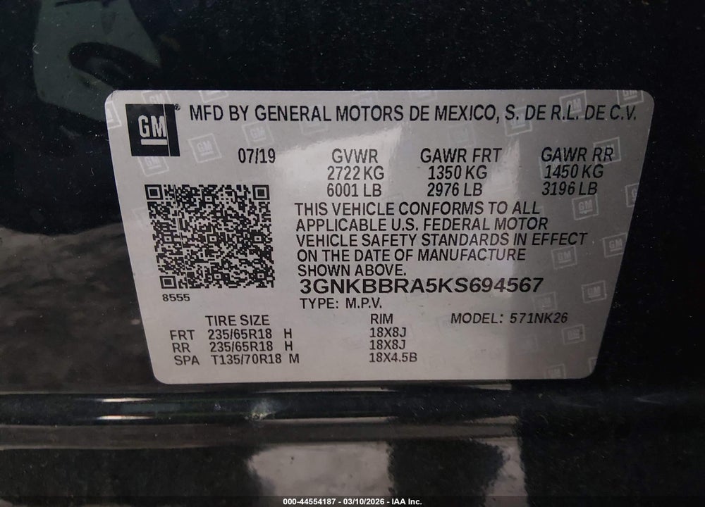2019 CHEVROLET BLAZER VIN: 3GNKBBRA5KS694567