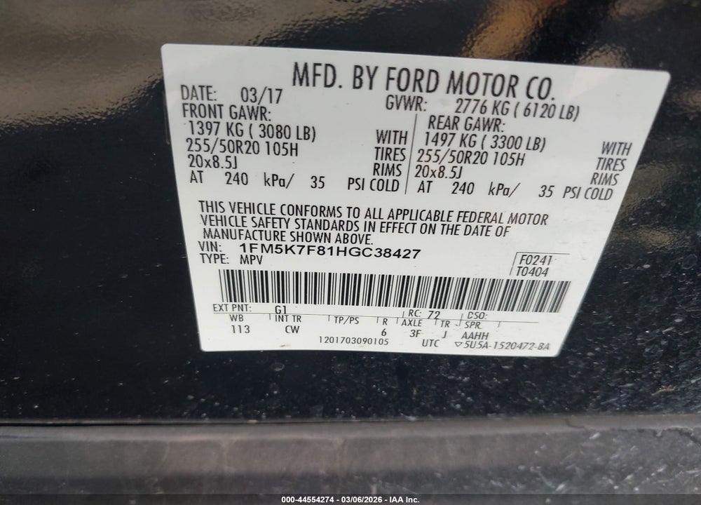 2017 FORD EXPLORER LIMITED VIN: 1FM5K7F81HGC38427