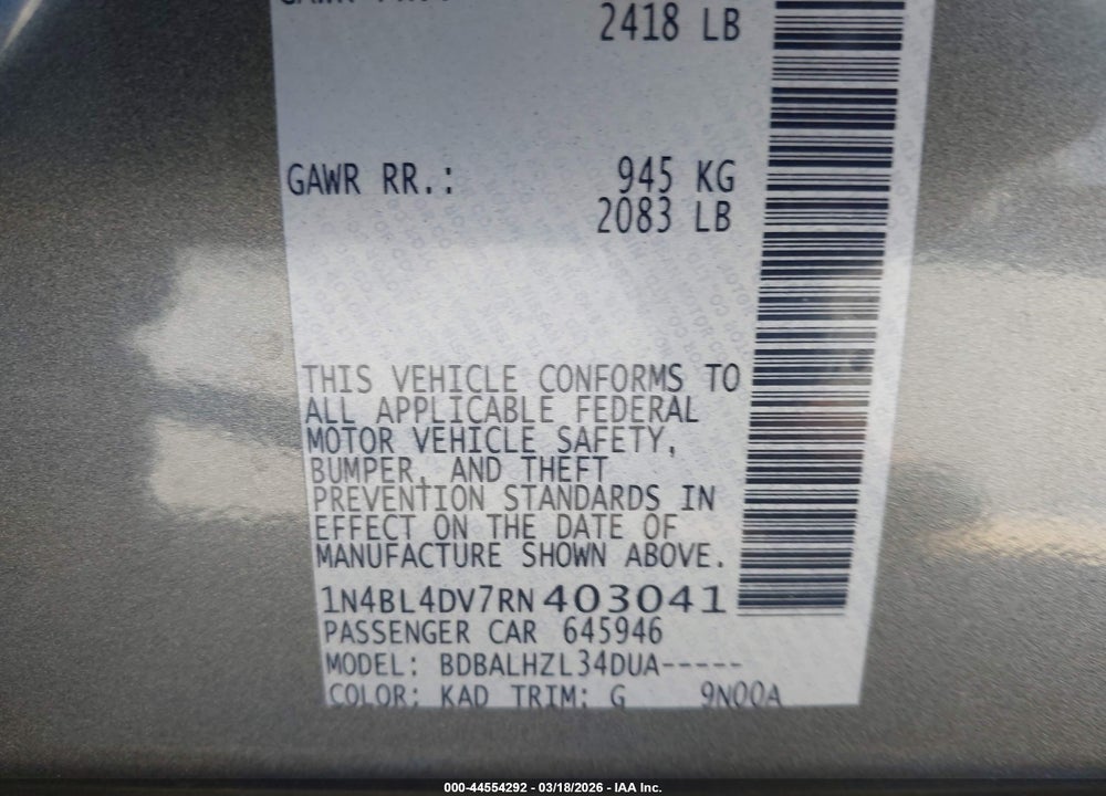 2024 NISSAN ALTIMA SV FWD VIN: 1N4BL4DV7RN403041