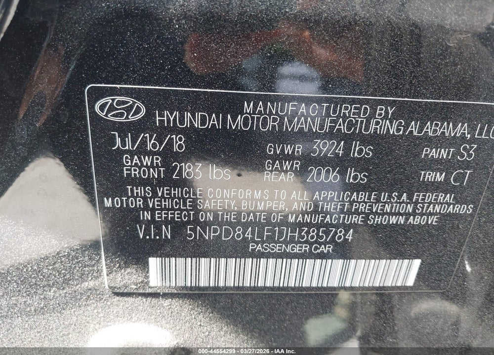 2018 HYUNDAI ELANTRA SEL VIN: 5NPD84LF1JH385784