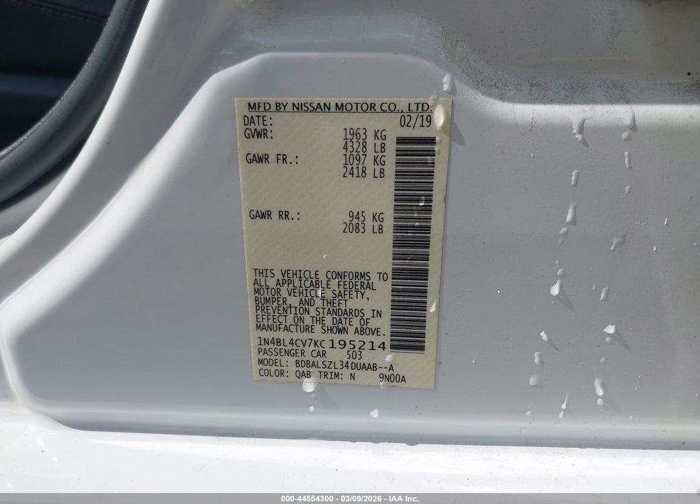 2019 NISSAN ALTIMA 2.5 SR VIN: 1N4BL4CV7KC195214