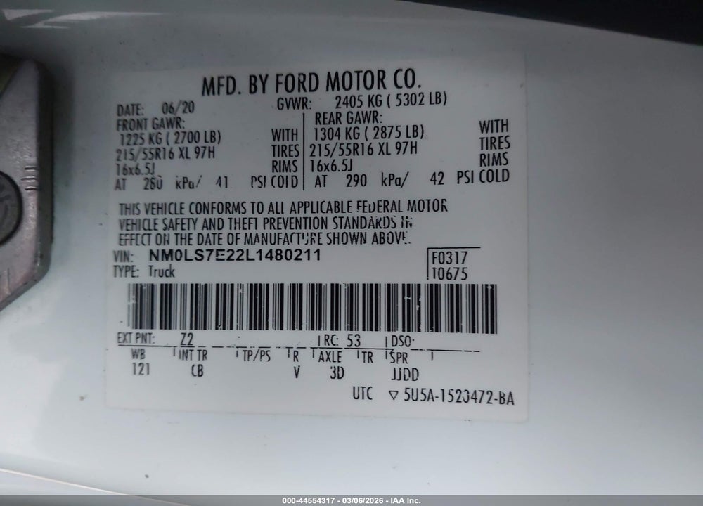 2020 FORD TRANSIT CONNECT XL VIN: NM0LS7E22L1480211