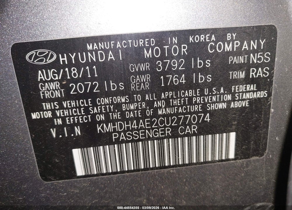 2012 HYUNDAI ELANTRA LIMITED (ULSAN PLANT) VIN: KMHDH4AE2CU277074