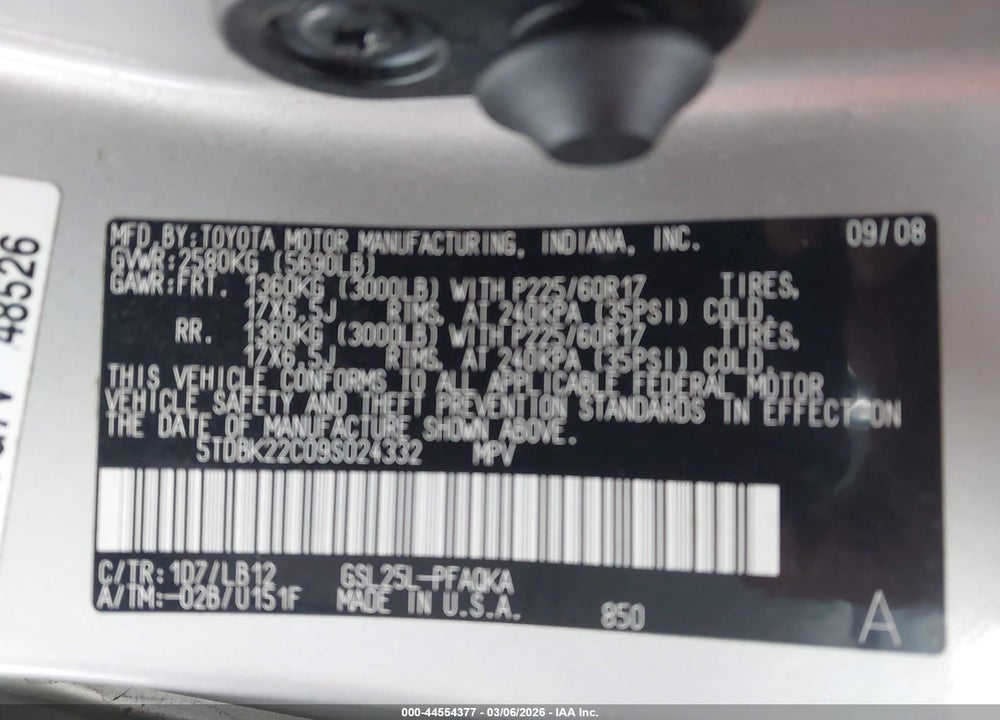 2009 TOYOTA SIENNA LIMITED VIN: 5TDBK22C09S024332