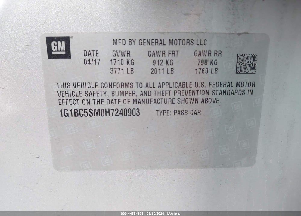 2017 CHEVROLET CRUZE LS AUTO VIN: 1G1BC5SM0H7240903
