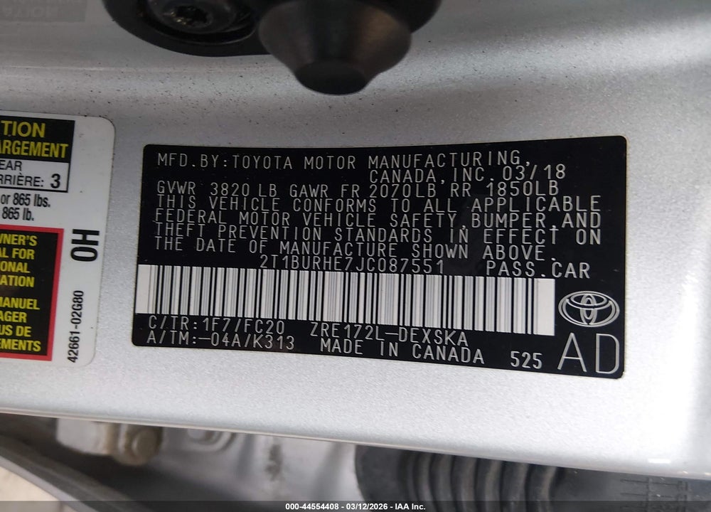 2018 TOYOTA COROLLA SE VIN: 2T1BURHE7JC087551