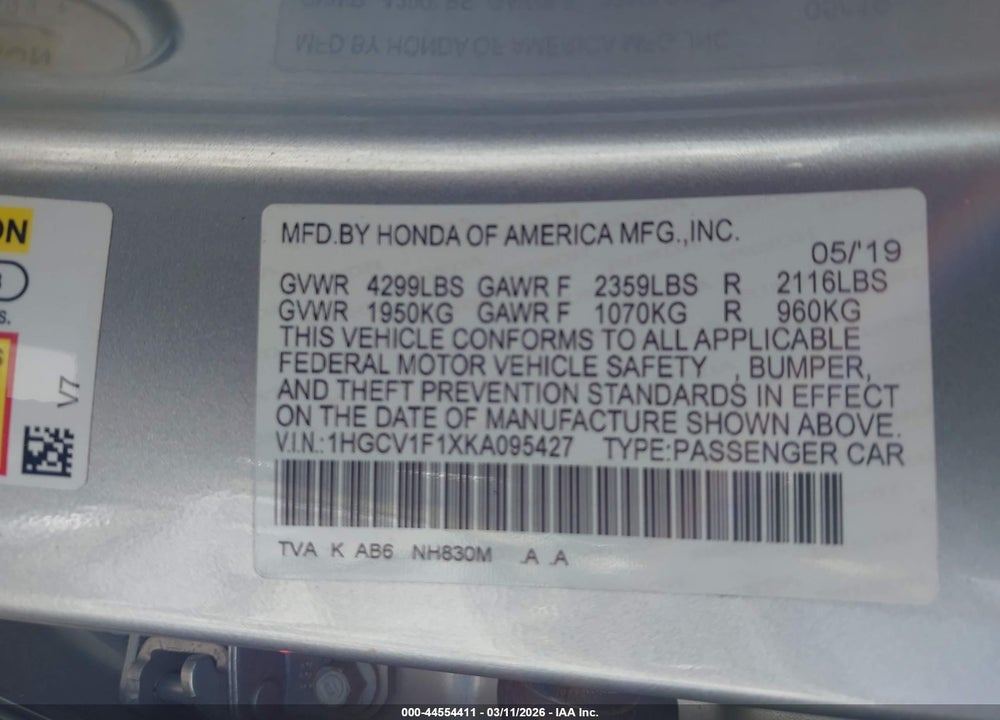 2019 HONDA ACCORD LX VIN: 1HGCV1F1XKA095427